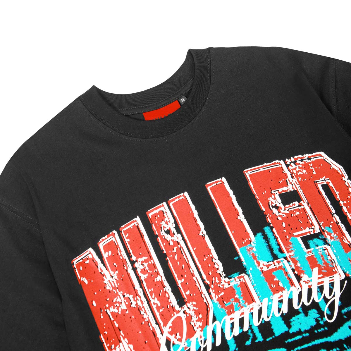 Black sweatshirt with red and white text design on a white background