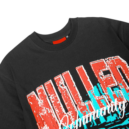 Black sweatshirt with red and white text design on a white background