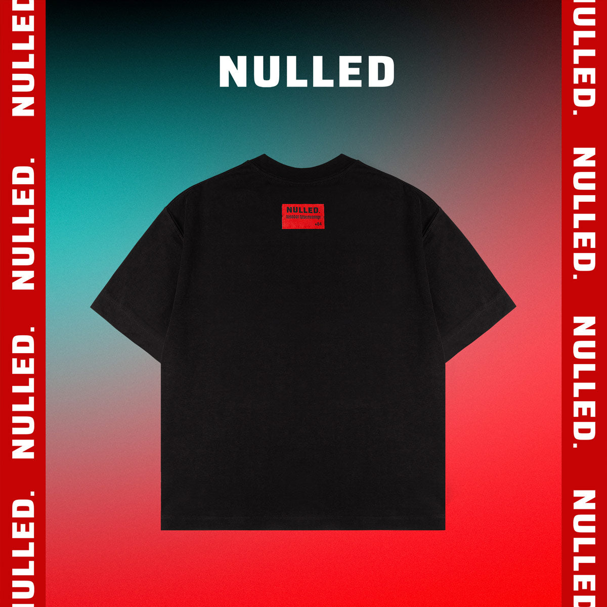 Black t-shirt with 'NULLED' branding on a gradient background