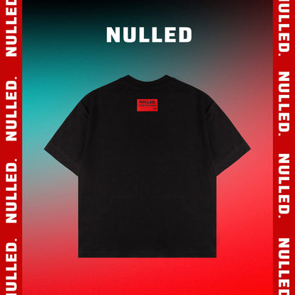 Black t-shirt with 'NULLED' branding on a gradient background