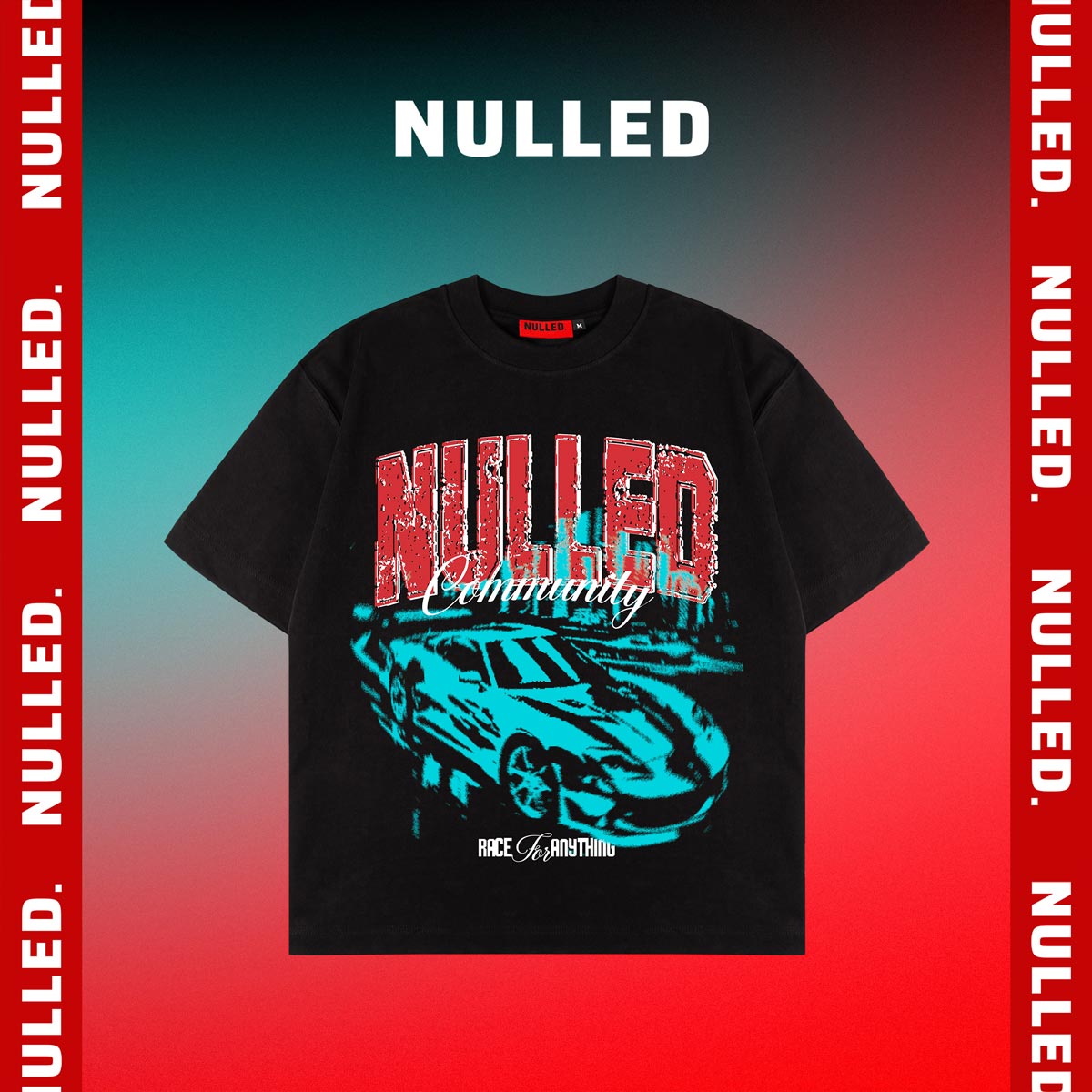 Black t-shirt with 'Nulled' graphic design on a gradient background