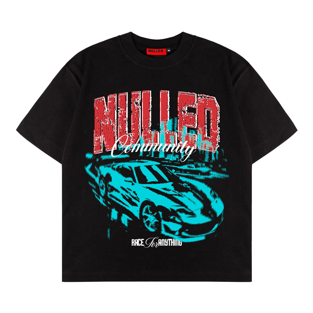 Black t-shirt with red and white text and a blue car graphic on a white background