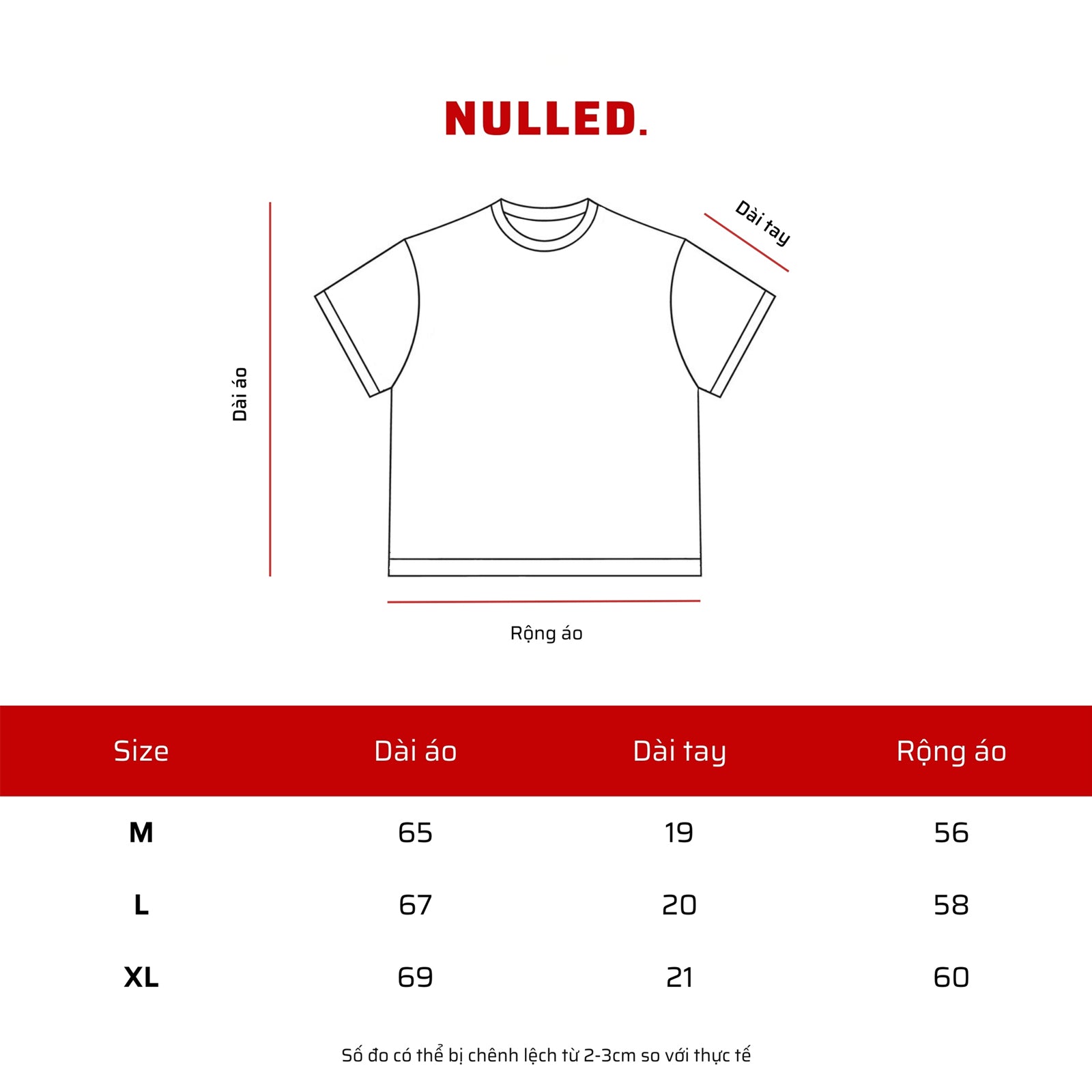 T-shirt size chart with dimensions and brand name 'NULLED.'