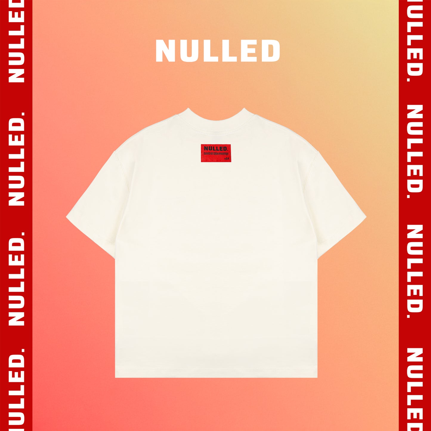 White t-shirt with a red label on a gradient background with 'NULLED' branding.