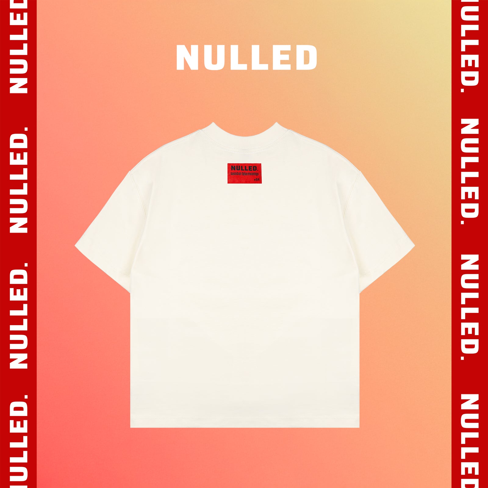 White t-shirt with a red label on a gradient background with 'NULLED' branding.