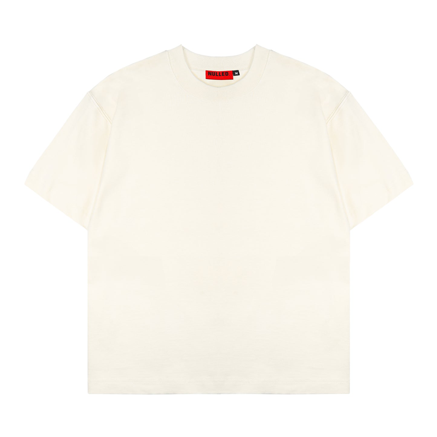 White t-shirt with a red and black label on a white background