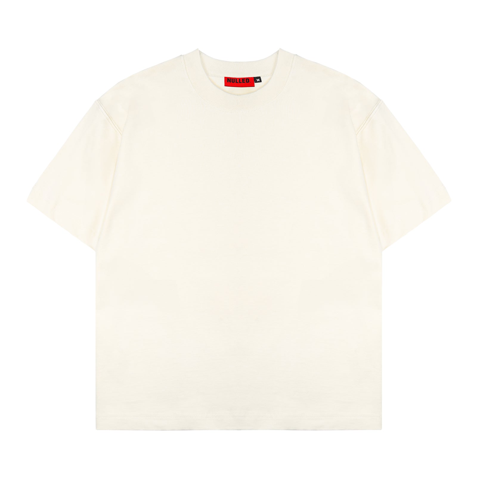 White t-shirt with a red and black label on a white background