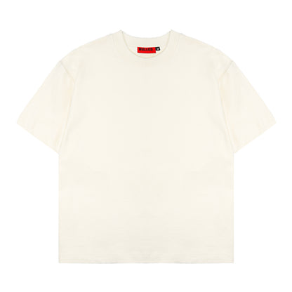 White t-shirt with a red and black label on a white background