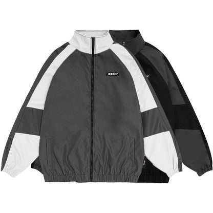 Black and white jacket with 'Demi' branding on a white background