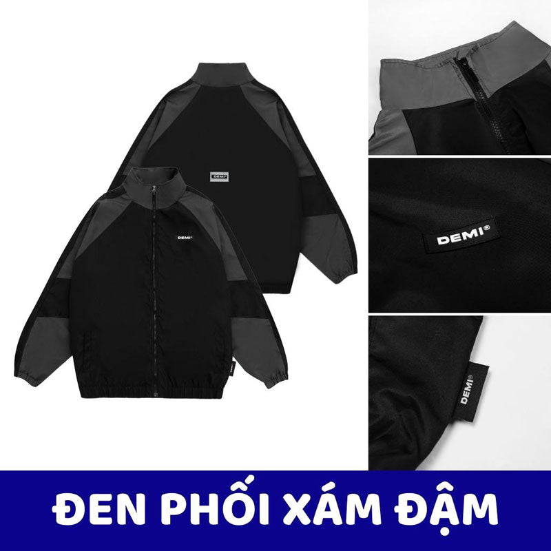 Black and gray jacket with 'DEMI' branding, shown from different angles on a white background.