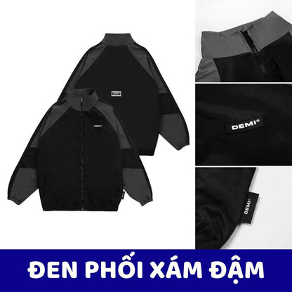 Black and gray jacket with 'DEMI' branding, shown from different angles on a white background.
