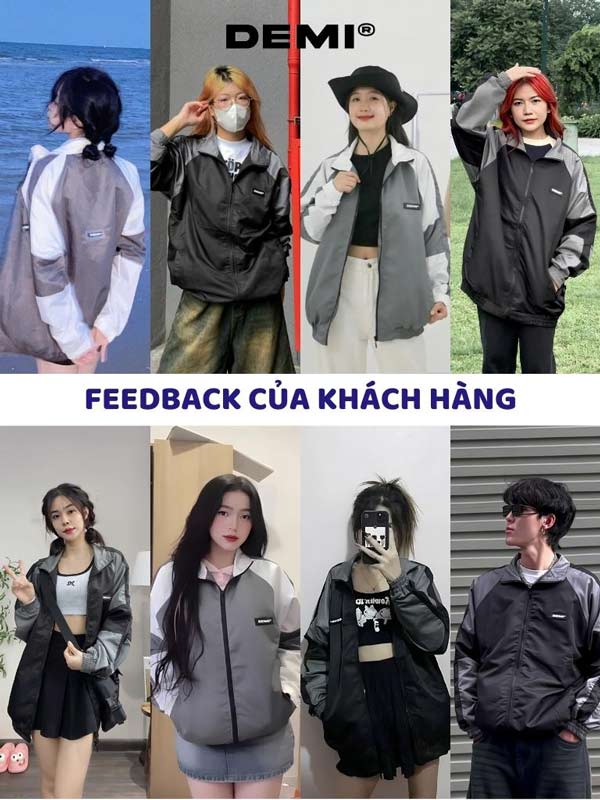 Collage of people wearing a brand's clothing with 'DEMI' logo and customer feedback text.