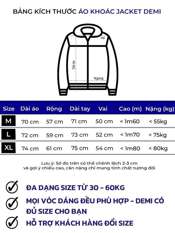 Size chart for a jacket with dimensions and weight capacity in Vietnamese.