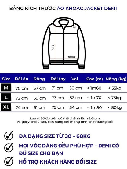 Size chart for a jacket with dimensions and weight capacity in Vietnamese.