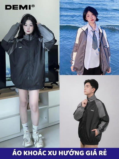 Collage of people wearing a black and gray jacket with DEMI branding, set against different backgrounds.