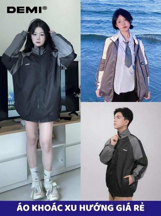 Collage of people wearing a black and gray jacket with DEMI branding, set against different backgrounds.