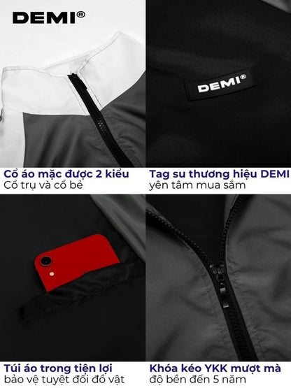 Collage of a jacket with DEMI branding and features highlighted.