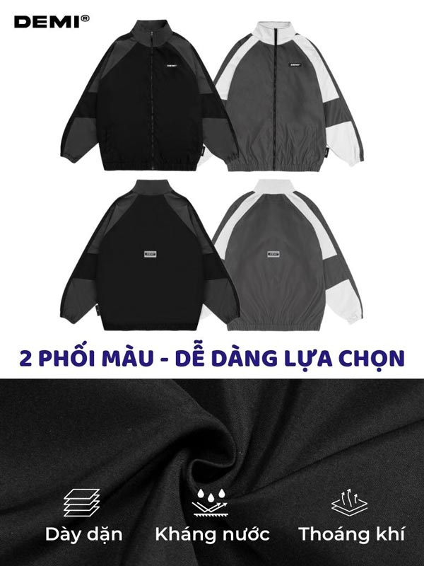 Black and gray jackets with DEMI branding on a white background