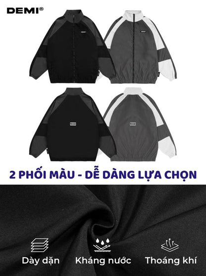 Black and gray jackets with DEMI branding on a white background