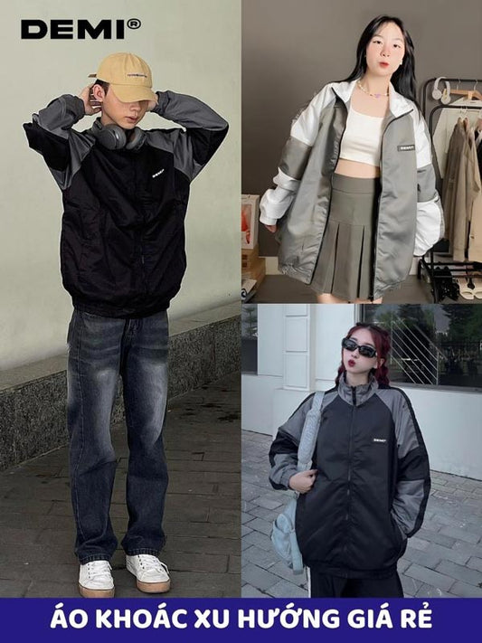 Collage of people wearing a black and gray jacket with DEMI branding.