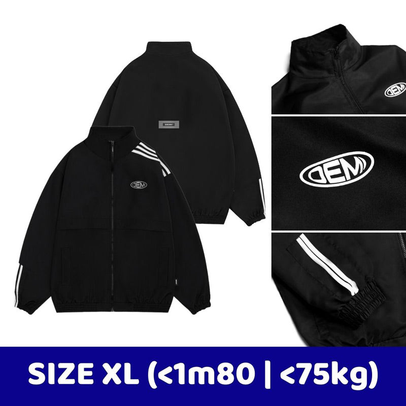 Black jacket with white logo and stripes on a white background