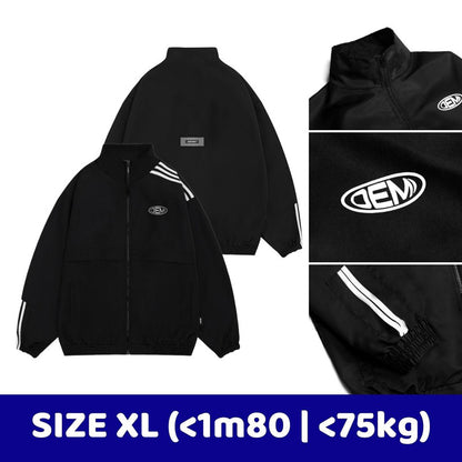 Black jacket with white logo and stripes on a white background