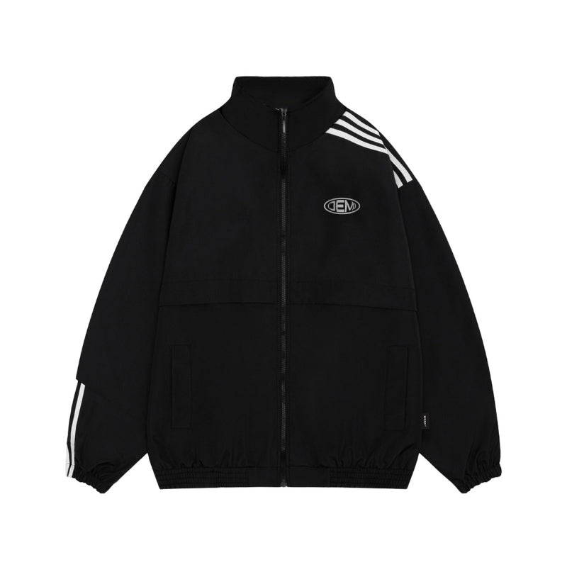 Black jacket with white stripes on sleeves and a logo on a white background