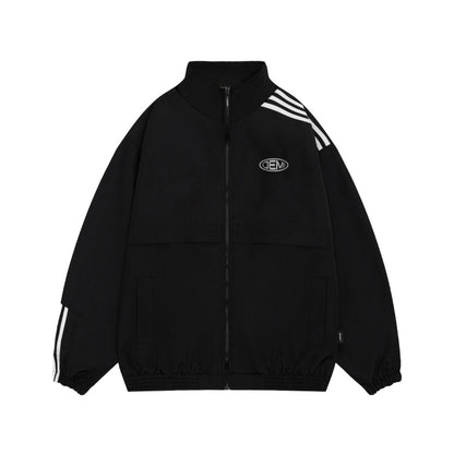 Black jacket with white stripes on sleeves and a logo on a white background