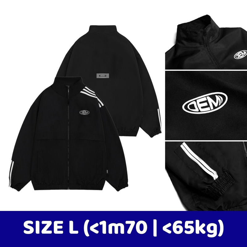 Black jacket with white logo and stripes on a white background
