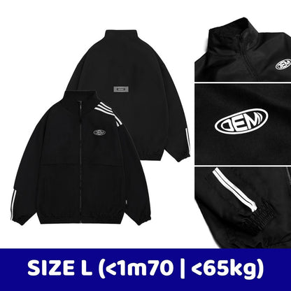 Black jacket with white logo and stripes on a white background