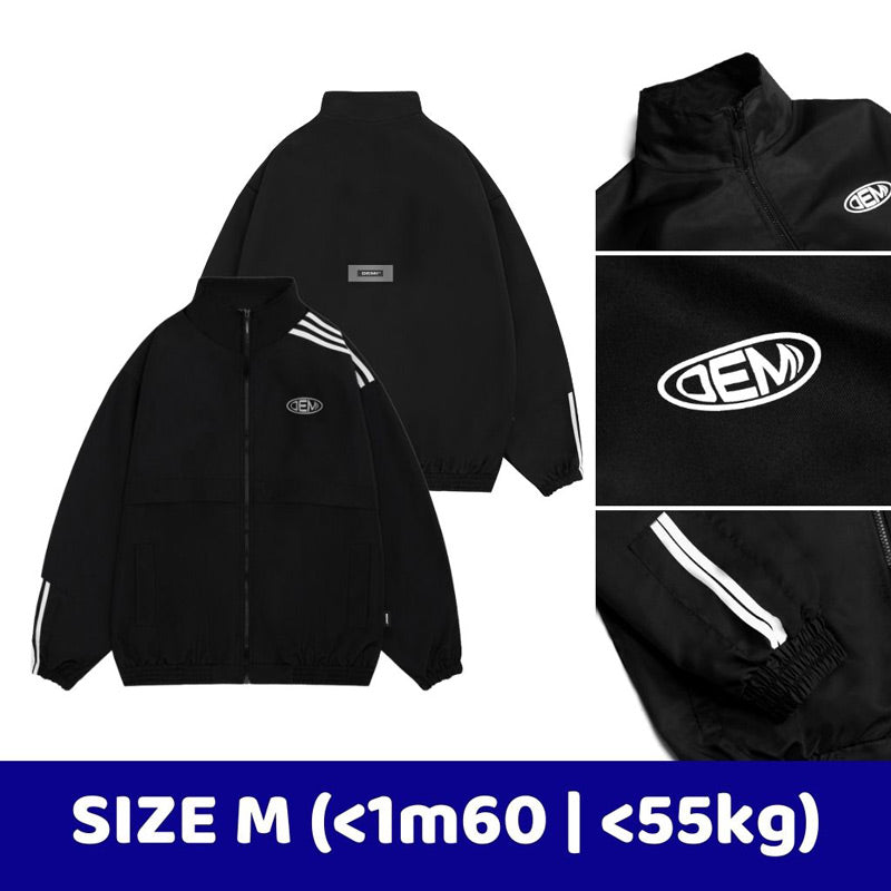Black jacket with white logo and stripes on a white background