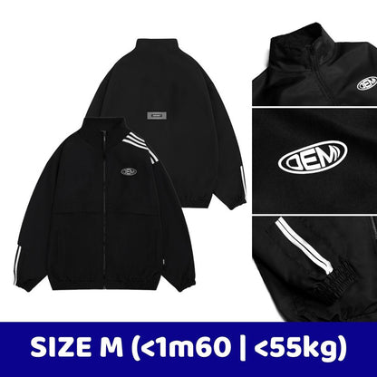 Black jacket with white logo and stripes on a white background