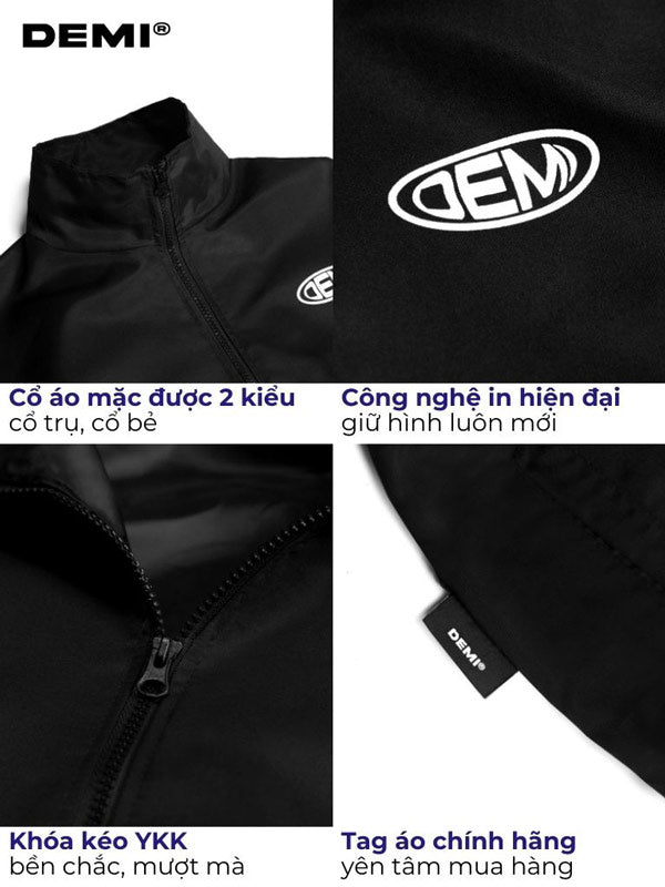 Black jacket with DEMI logo and text detailing features
