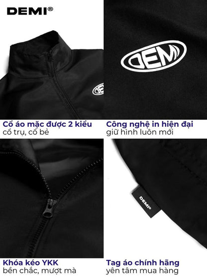 Black jacket with DEMI logo and text detailing features