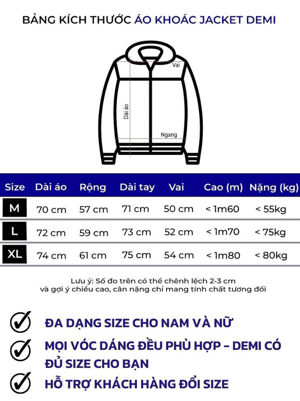 Size chart for a jacket with dimensions and weight capacity in Vietnamese.
