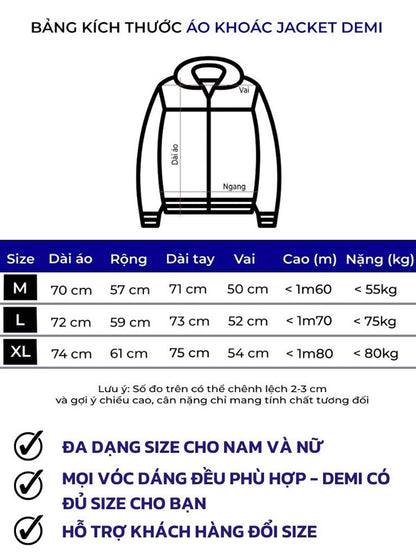 Size chart for a jacket with dimensions and weight capacity in Vietnamese.