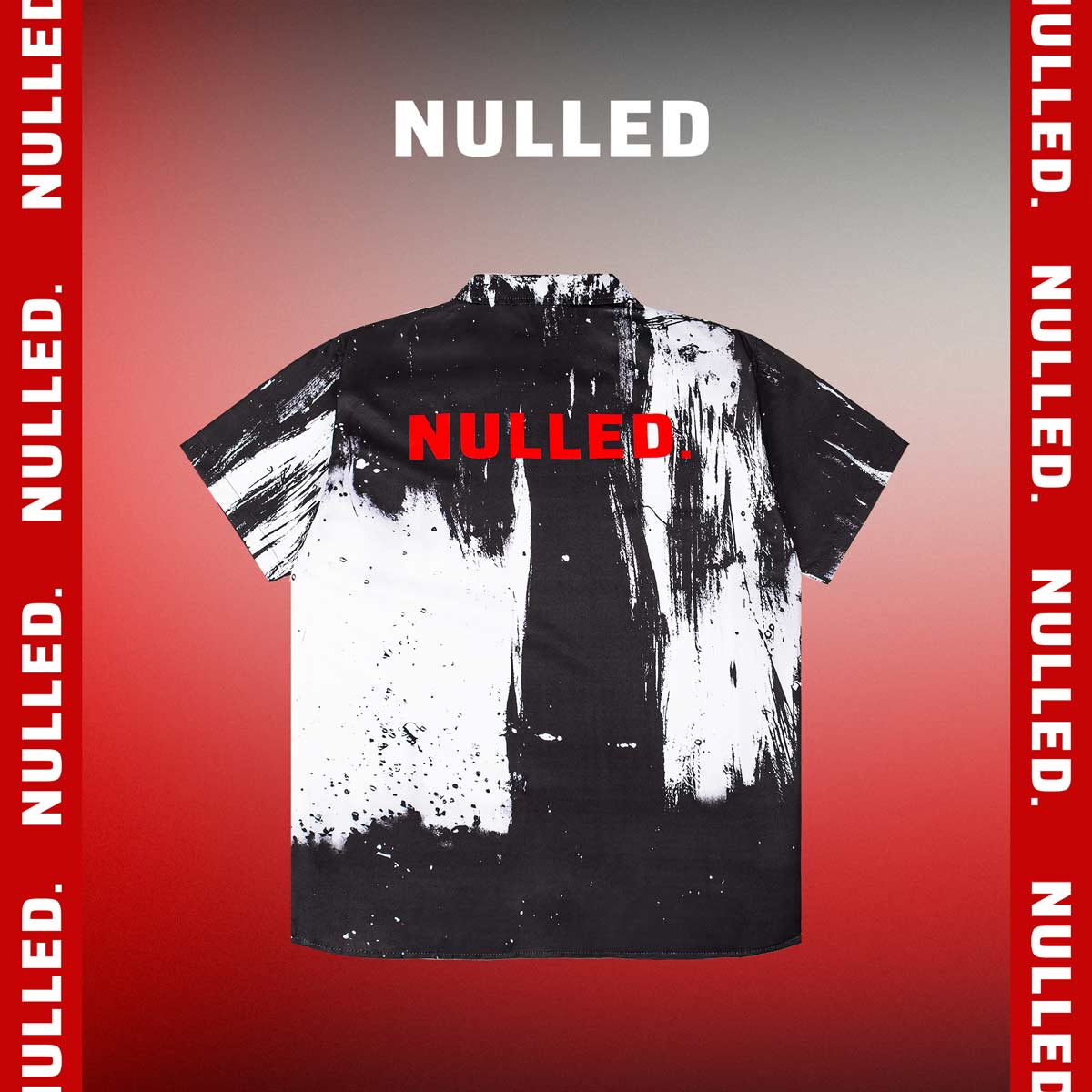 Black and white shirt with 'NULLED' branding on a red background