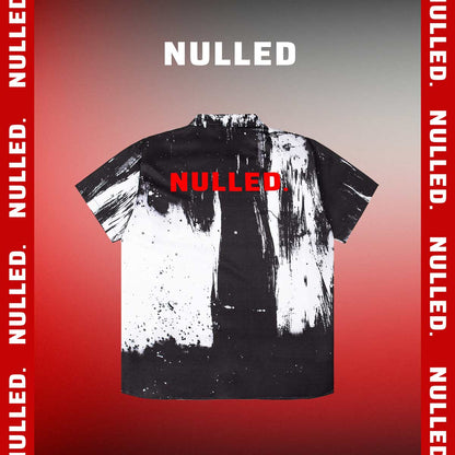 Black and white shirt with 'NULLED' branding on a red background