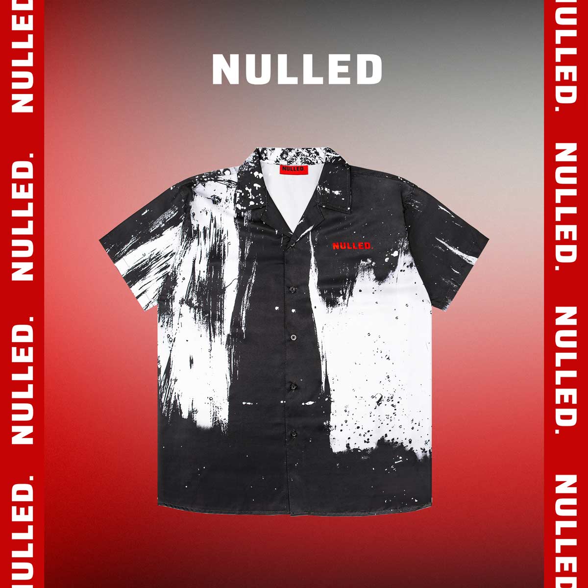 Black and white shirt with 'Nulled' branding on a red background