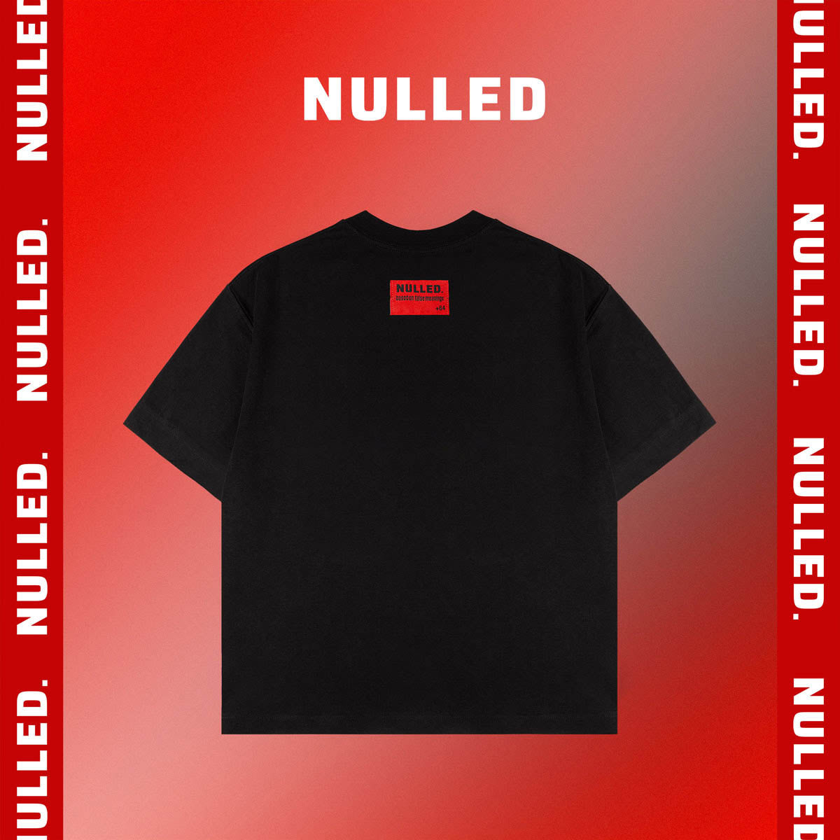 Black t-shirt with 'NULLED' branding on a red background
