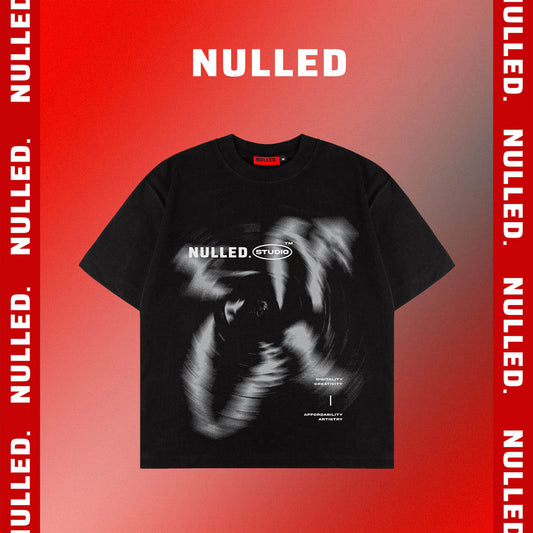 Black t-shirt with a graphic design on a red background with 'NULLED' branding.