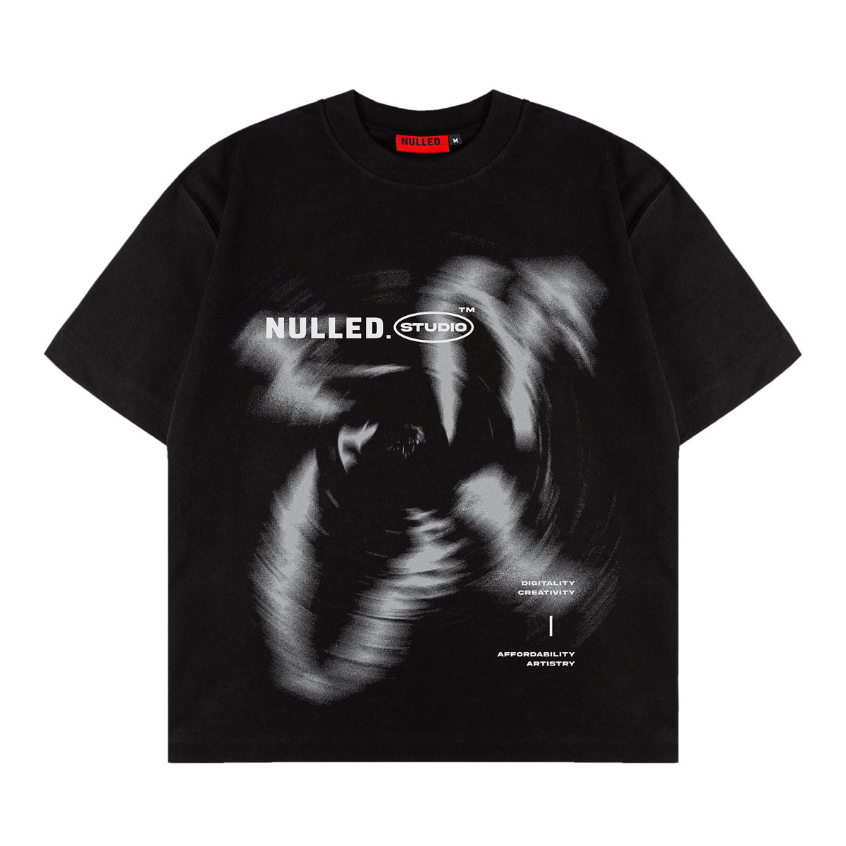 Black t-shirt with a graphic design and 'NULLED STUDIO' branding on a white background
