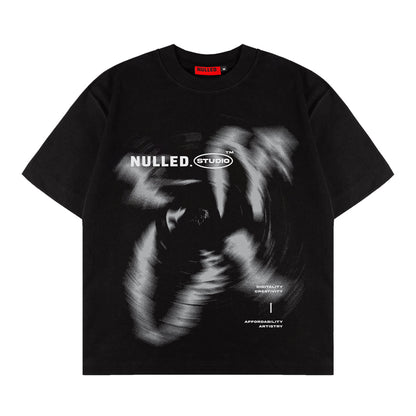 Black t-shirt with a graphic design and 'NULLED STUDIO' branding on a white background