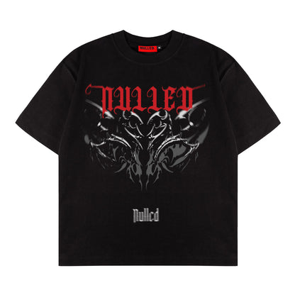 Black t-shirt with red and white graphic design on a white background