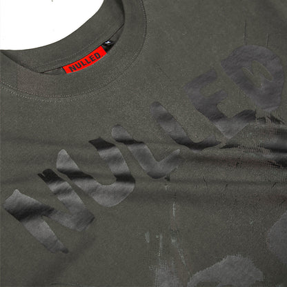 Dark gray t-shirt with 'Hollister' branding and a red tag on a white background