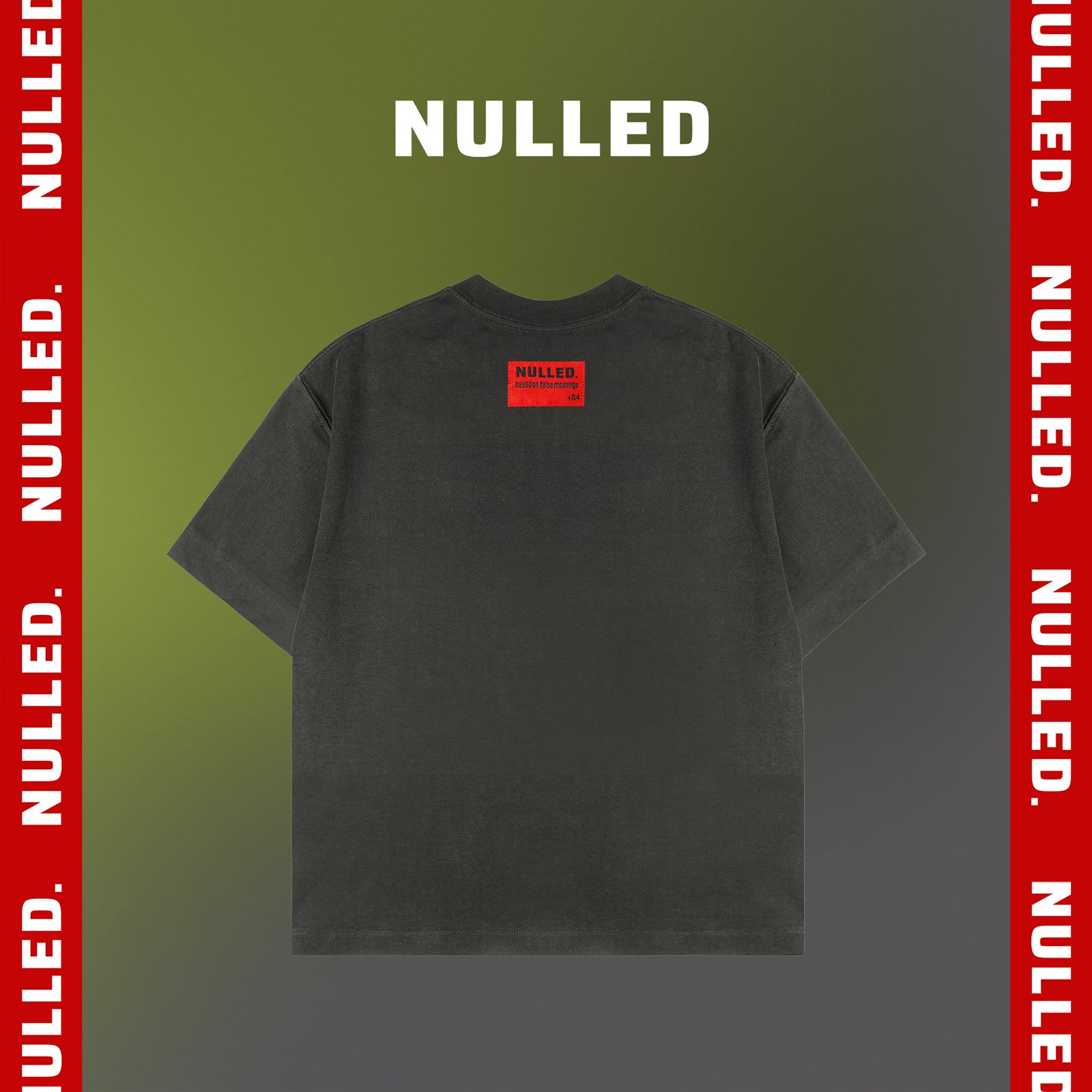 Black t-shirt with 'NULLED' logo on a green and red gradient background