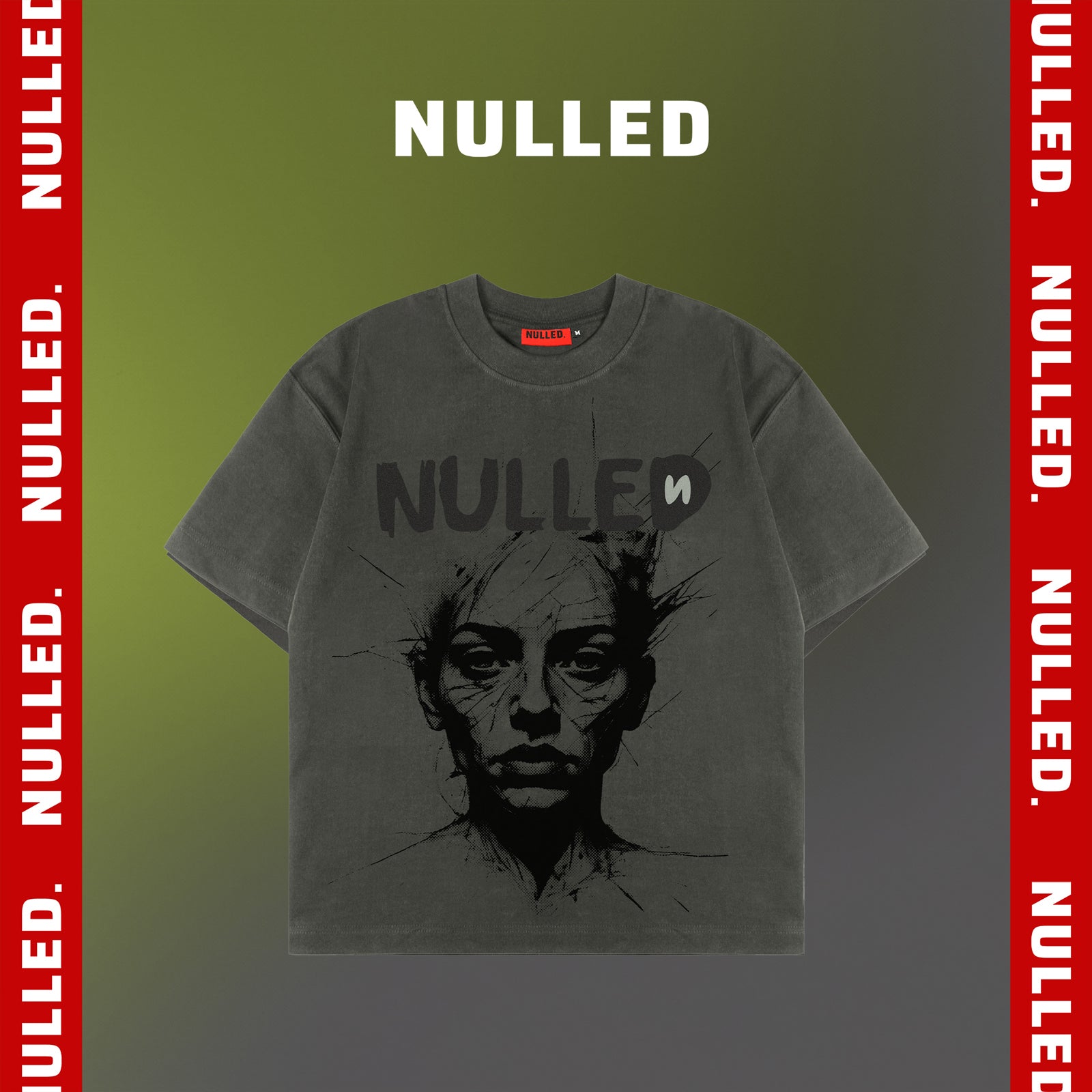 Gray t-shirt with a graphic design and 'NULLED' text on a green and red background