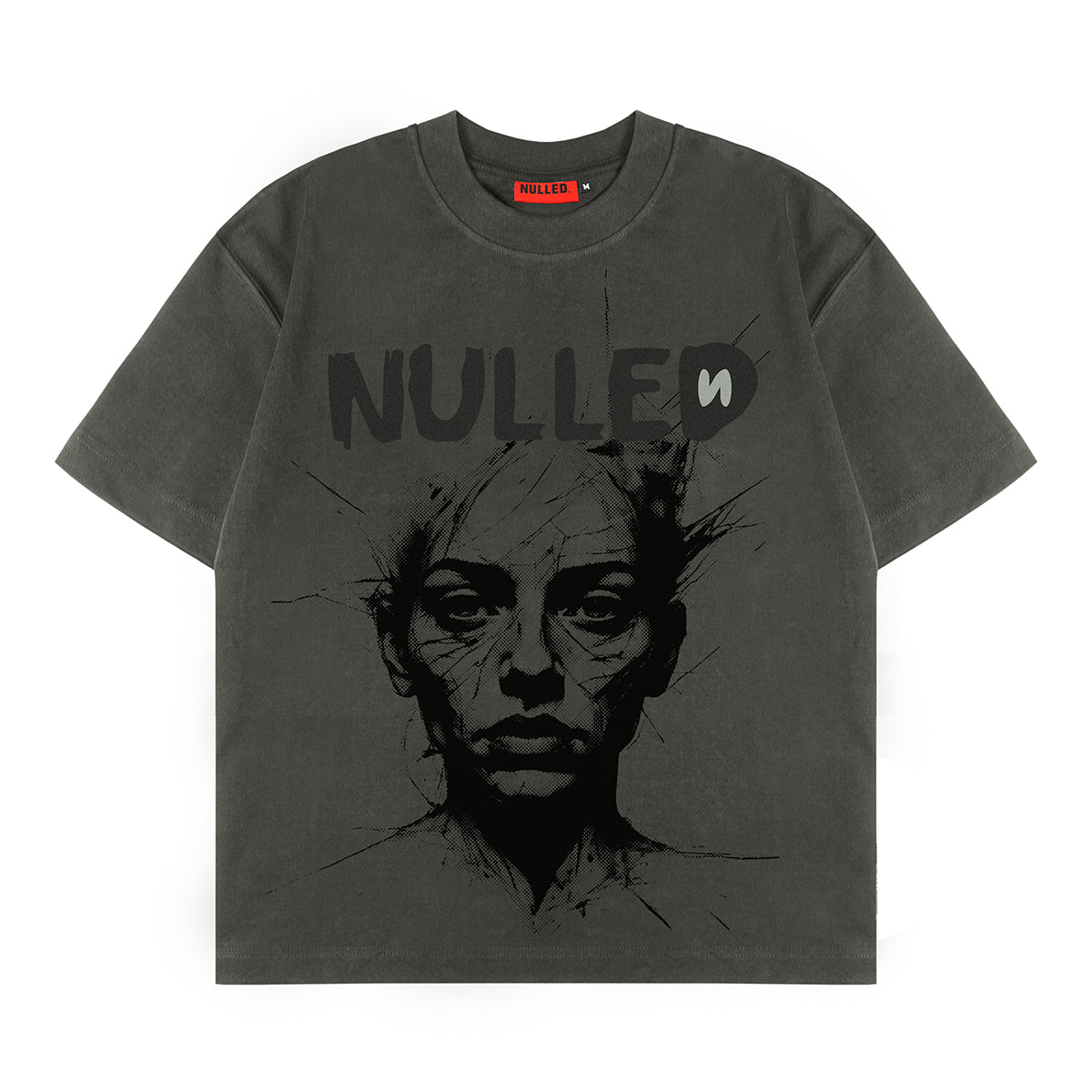 Gray t-shirt with a graphic design and 'NULLED' text on a white background