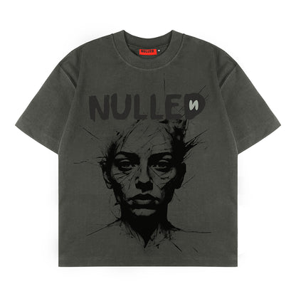 Gray t-shirt with a graphic design and 'NULLED' text on a white background