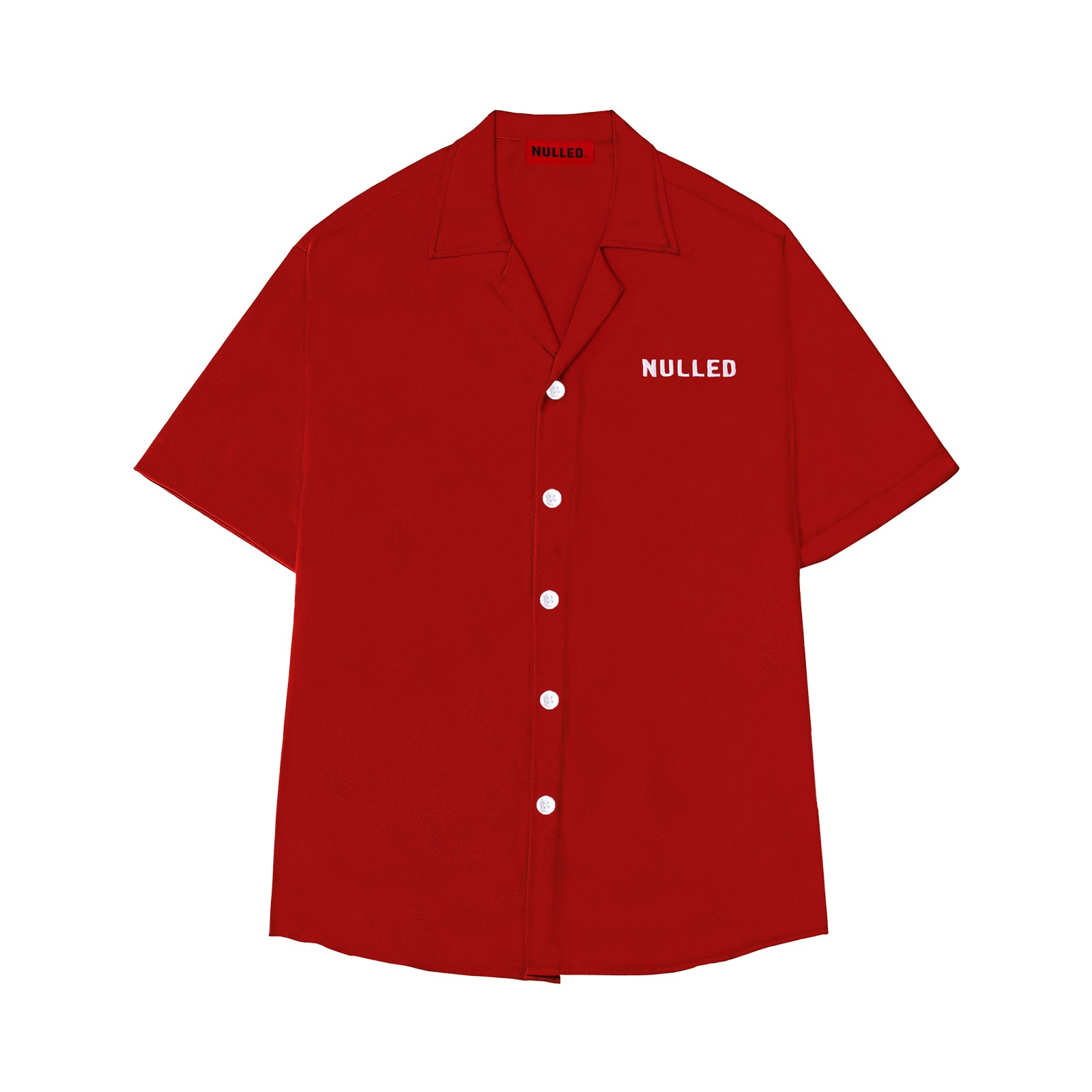 Red button-up shirt with 'Nulled' branding on a white background